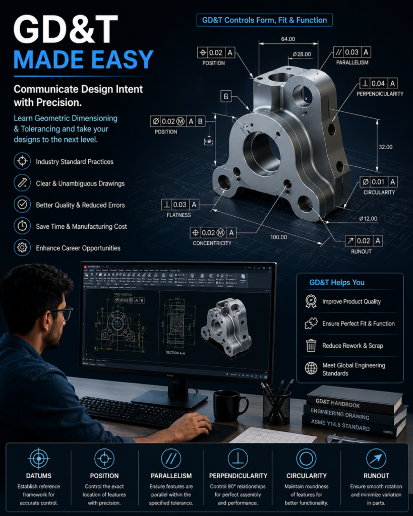 Informational poster explaining GD&T concepts with a labeled machined part and measurement callouts near a workstation.