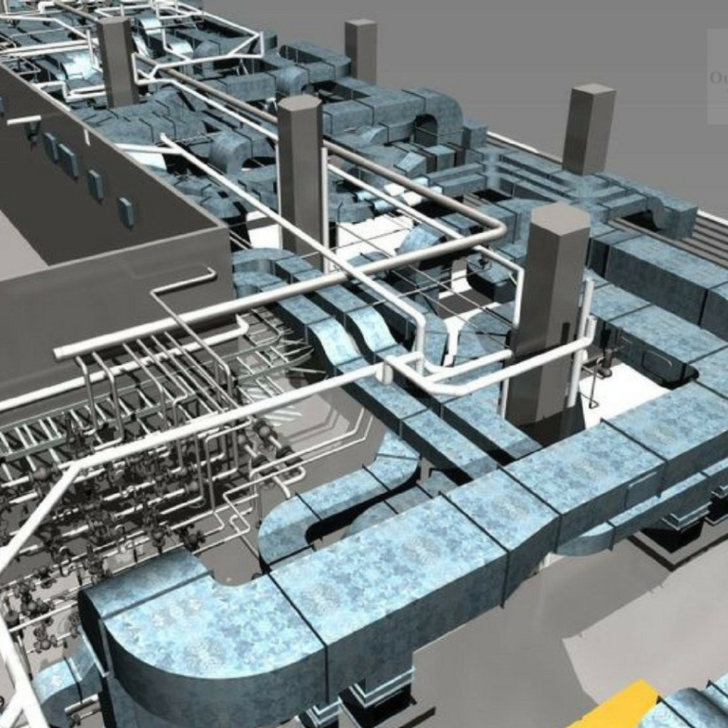 3D rendering of an industrial HVAC system with blue insulated ducts, white pipes, and steel supports