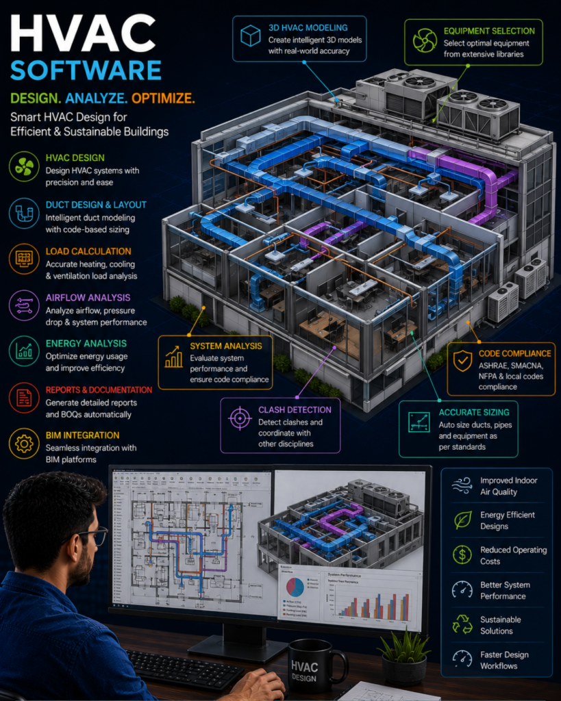 Infographic showing HVAC design software with an isometric building and color‑coded ducts, highlighting key modules like design, duct layout, load, airflow, sizing, code compliance, BIM, and clash detection.