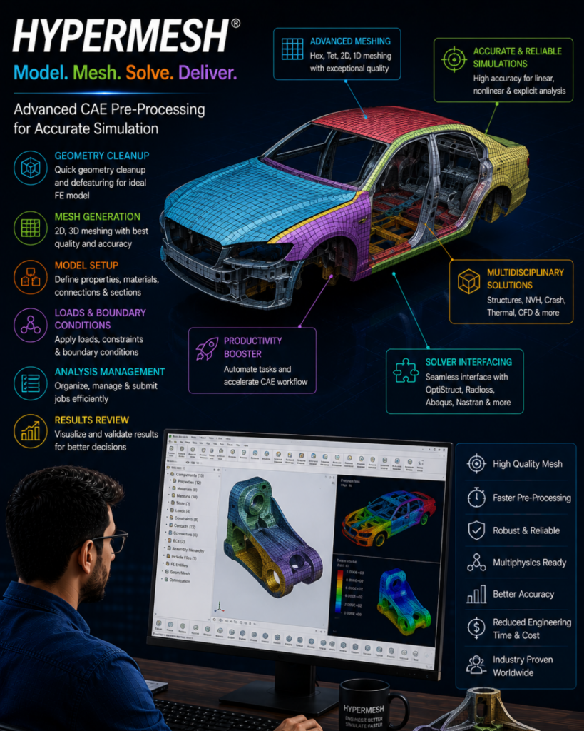 Colorful car with segmented mesh and labels for HyperMESH CAE modules (geometry cleanup, meshing, setup, loads, analysis, results).