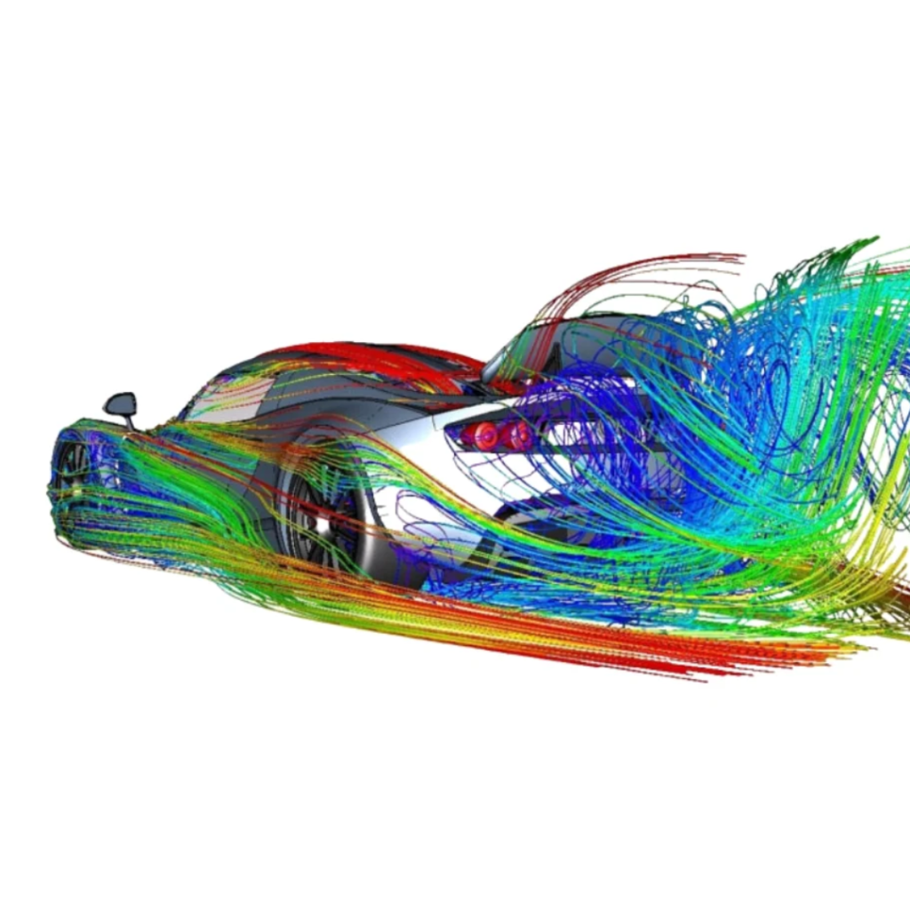 Silver sports car with multicolored airflow lines illustrating aerodynamic simulation.