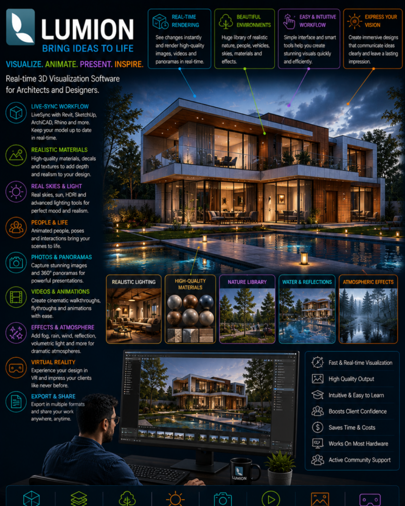 Lumion promotional infographic showing a luxury house with labeled feature panels and icons detailing real-time rendering, materials, lighting, workflow, and outputs around the scene.