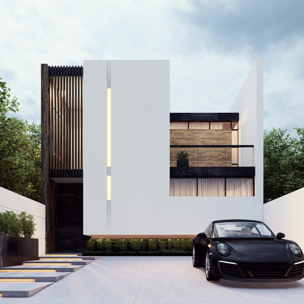 Modern white house with geometric façade and a black sports car parked in the driveway.