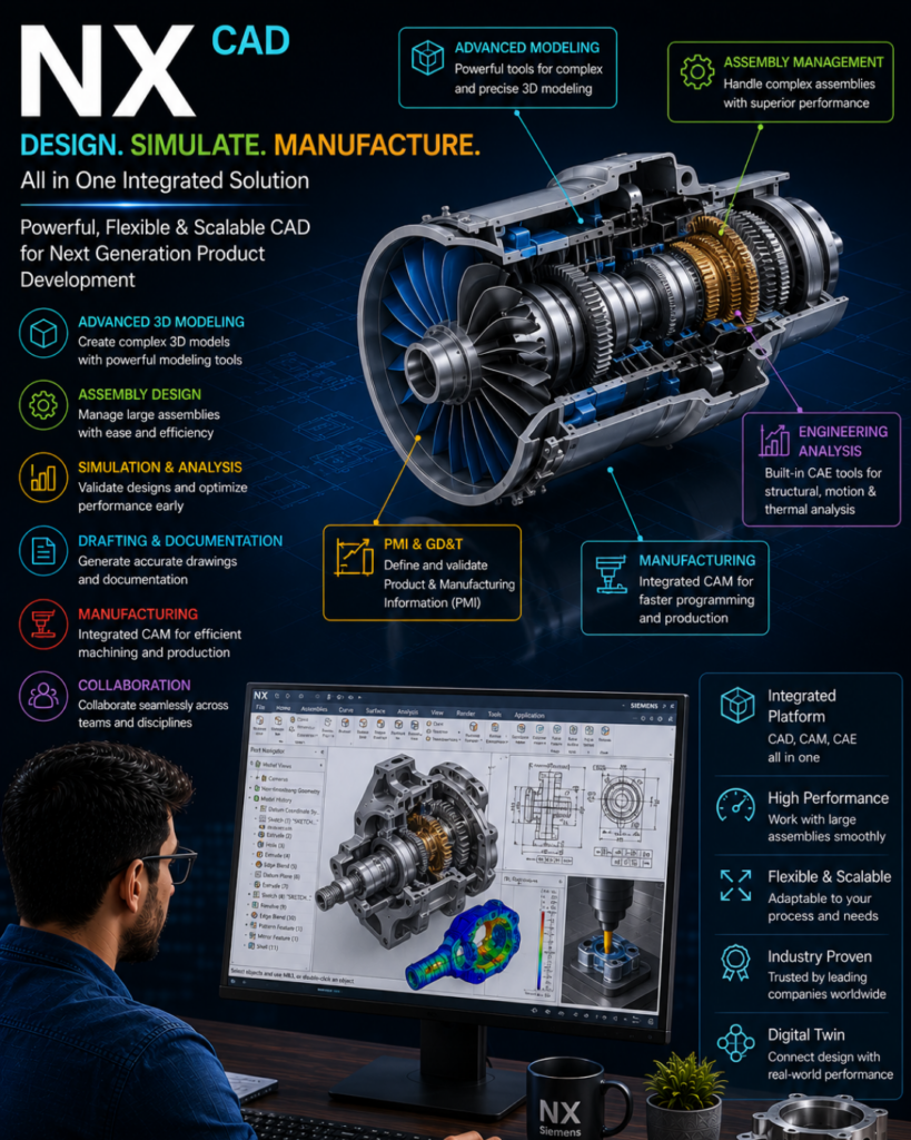 NX CAD poster featuring a cutaway engine with color-coded feature callouts for modeling, assembly, simulation, and manufacturing.