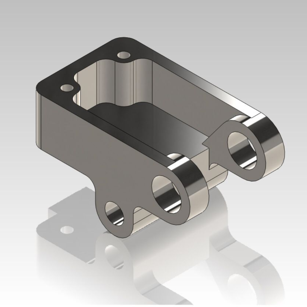3D render of a metal mounting bracket with three circular holes and a central groove, shown in a reflective gray finish.