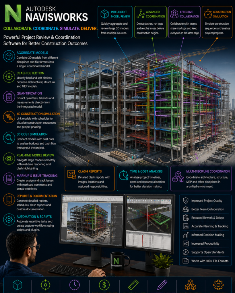 Infographic for Autodesk Navisworks showing a multi-pipe construction model with feature callouts and a workstation displaying the software.