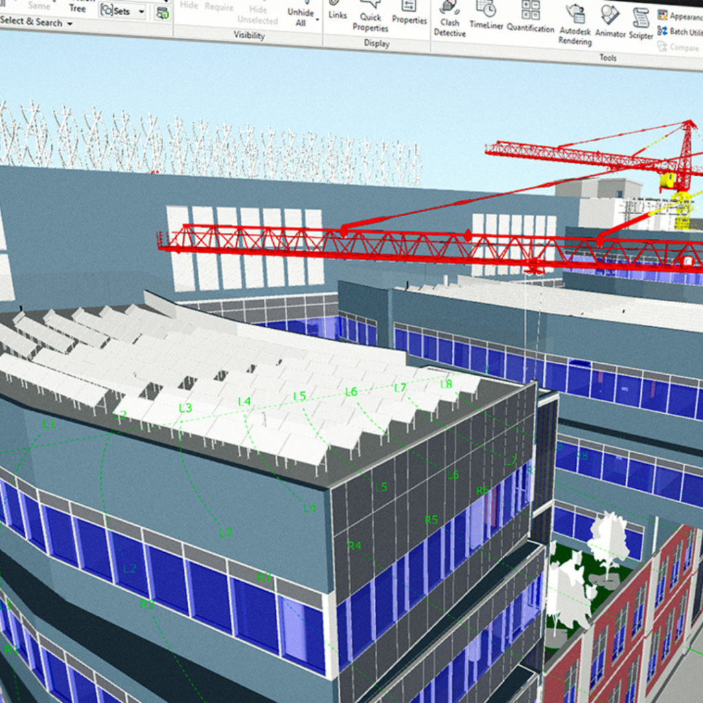 3D architectural rendering of a high-rise under construction, showing a large red crane over a blue-glass building with white rooftop canopies.