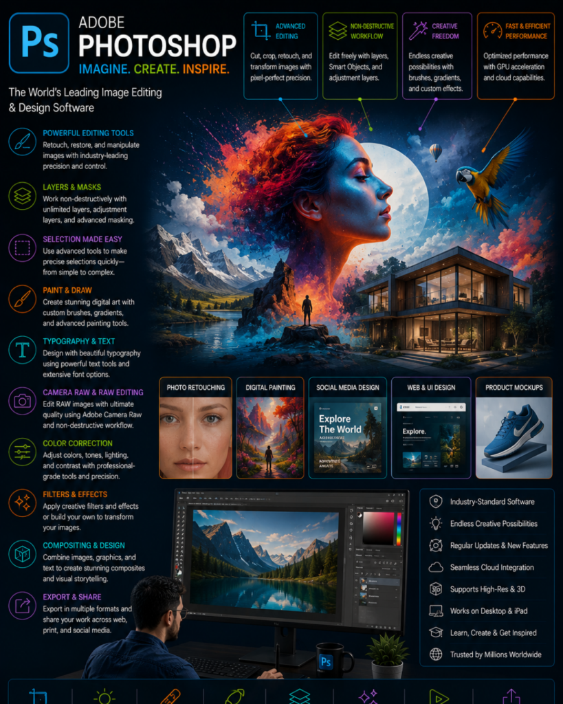 Adobe Photoshop promotional poster with surreal artwork (woman’s profile, moon, house, parrot) and feature icons highlighting editing tools and workflows.