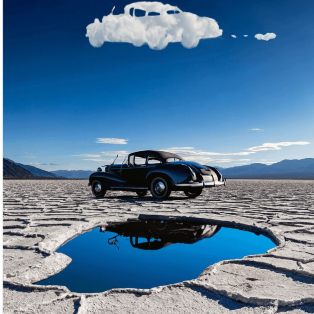 Classic black vintage car on white salt flats, with a blue sky and a large puddle reflecting the car.