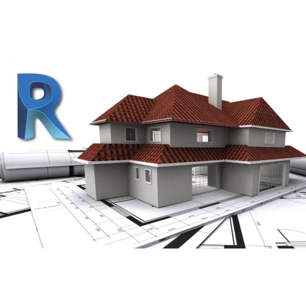 3D model of a two-story grey house with red tile roof sitting on architectural blueprints, with a large blue R logo in the background.