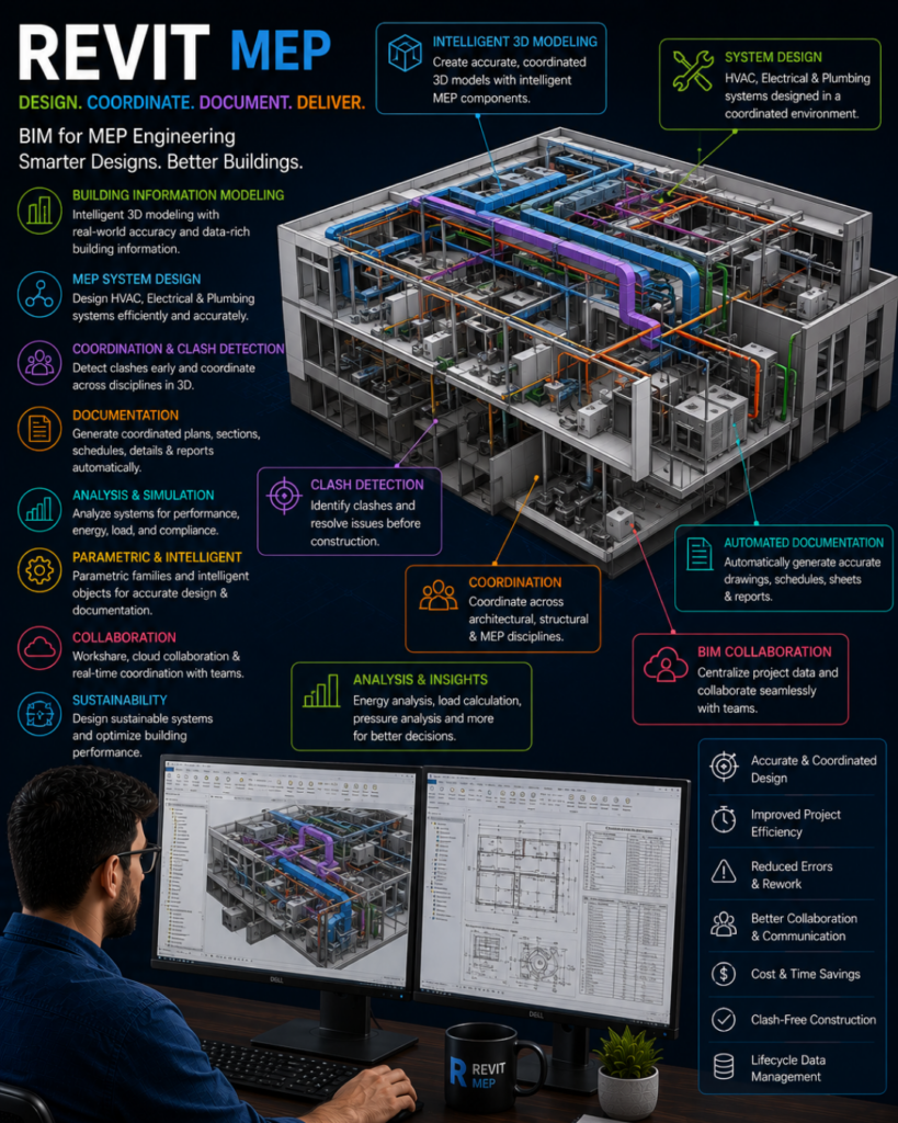 Infographic of a 3D building model with colored MEP pipes and callouts detailing BIM for MEP design, coordination, clash detection, documentation, and collaboration.