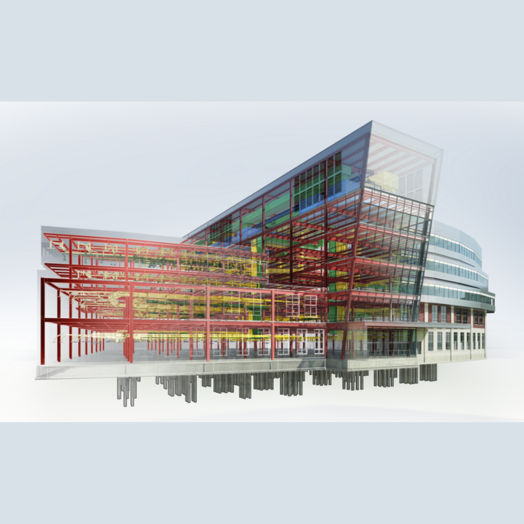 3D rendering of a modern glass and steel building with red structural frame and exposed foundation piles.