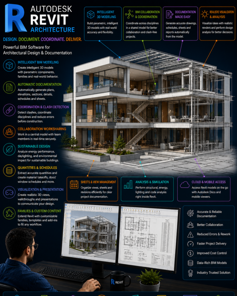 Infographic promoting Autodesk Revit Architecture; a modern building with colorful feature panels describing BIM modeling, documentation, coordination, collaboration, and cloud access.