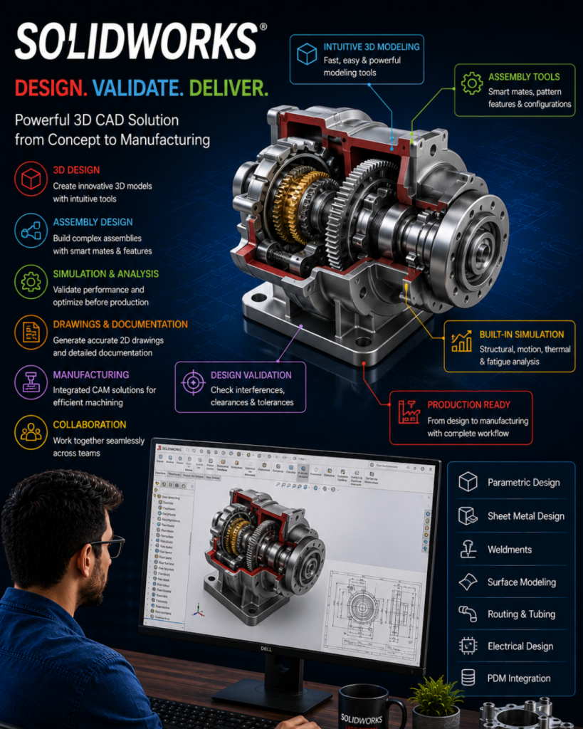 Infographic of SolidWorks design-to-manufacturing workflow with a cutaway engine model and color-coded process icons.