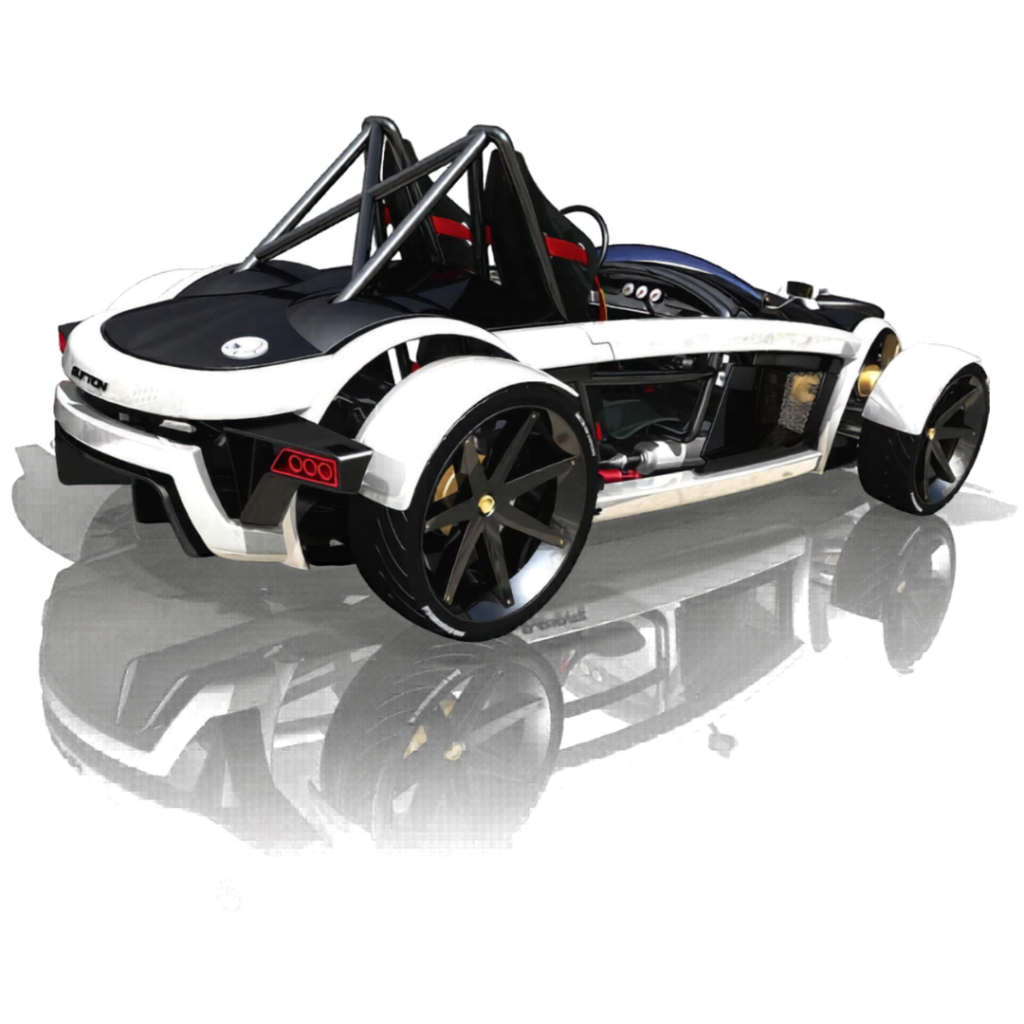 White open-cockpit concept sports car with large black wheels and exposed roll bars, reflected on the glossy surface.