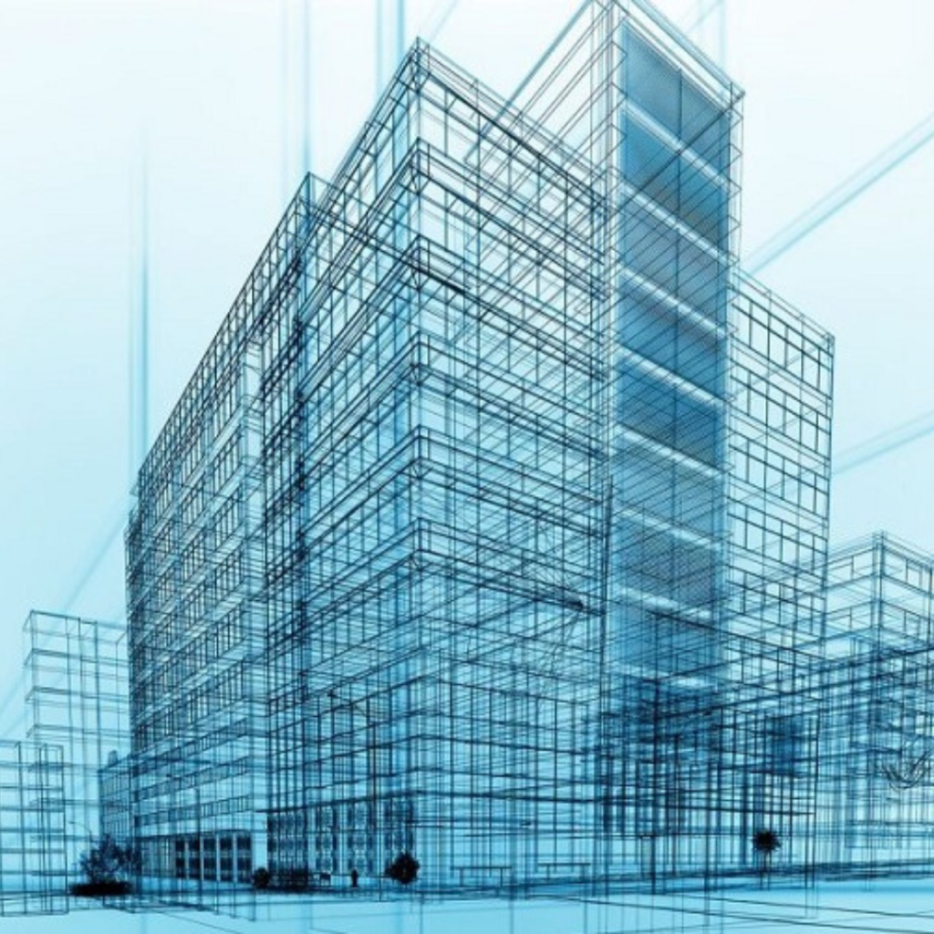 Blue architectural wireframe of a modern glass office building, showing the structural framework in blue tones.