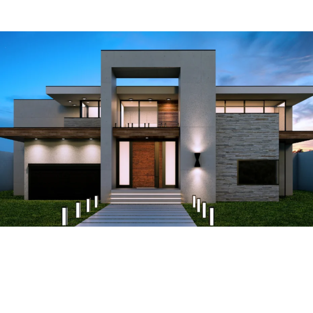 Modern two-story house with concrete and stone facade, illuminated entry, and a lined walkway at dusk.