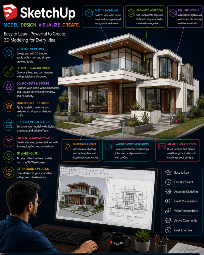 Promotional infographic for SketchUp: a modern, multi‑level house rendered in 3D with colorful feature callouts (fast modeling, organized workflow, realistic visuals) and a designer seated at a computer reviewing drawings.
