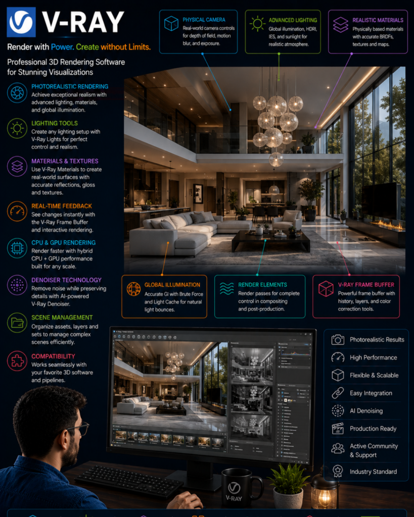 V-Ray product infographic highlighting features like photorealistic rendering, lighting tools, materials and textures, real-time feedback, CPU/GPU rendering, denoiser, and render elements around a modern living room render, with a designer at a workstation evaluating the scene.