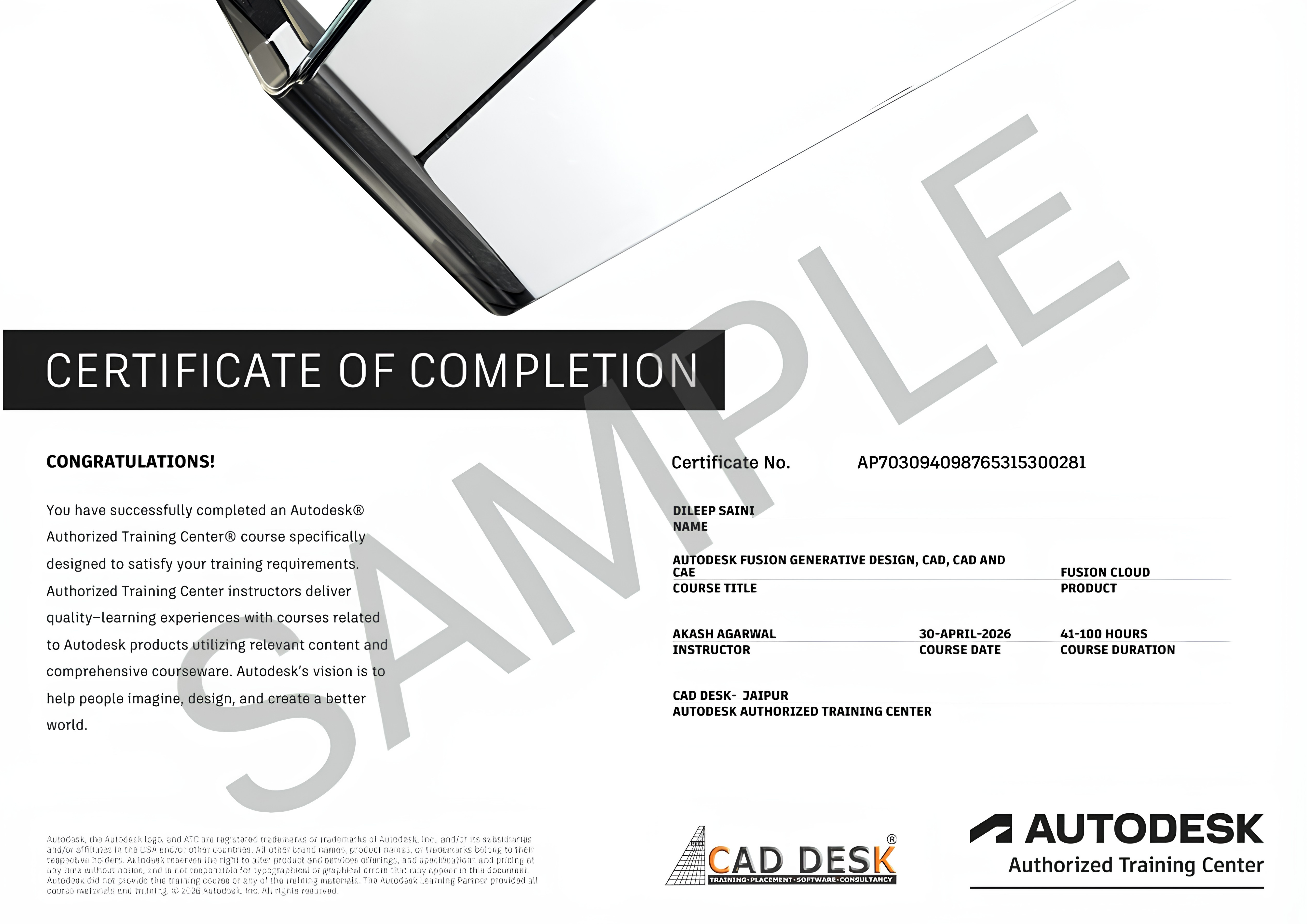 Certificate of completion document with a bold black banner reading 'CERTIFICATE OF COMPLETION' and a diagonal 'SAMPLE' watermark across a white page.