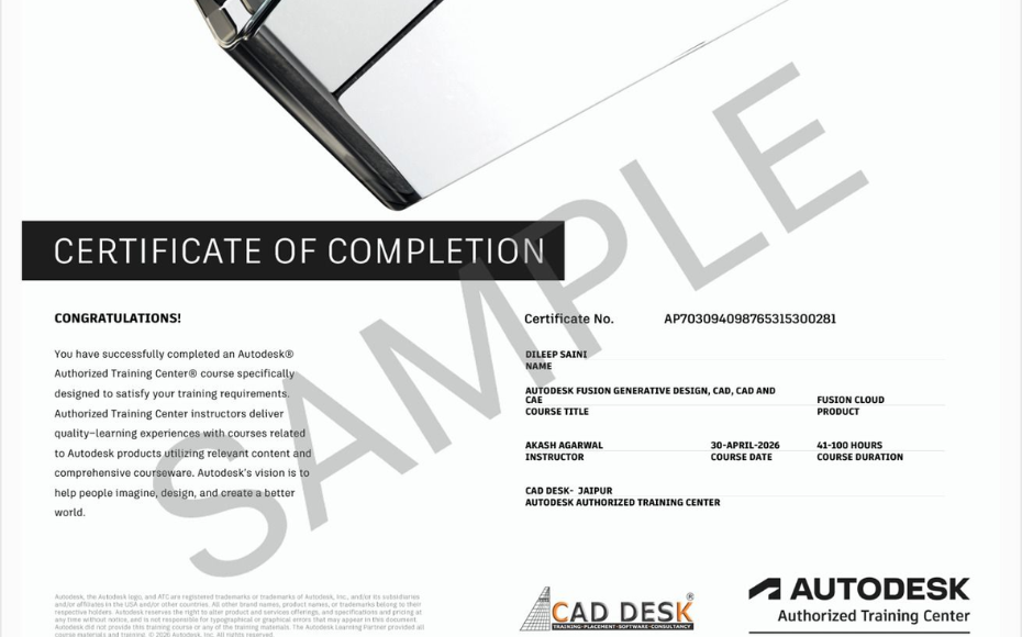 Certificate of Completion with a bold black label and watermark sample across the page; includes logos of CAD Desk and Autodesk at the bottom (informational image).