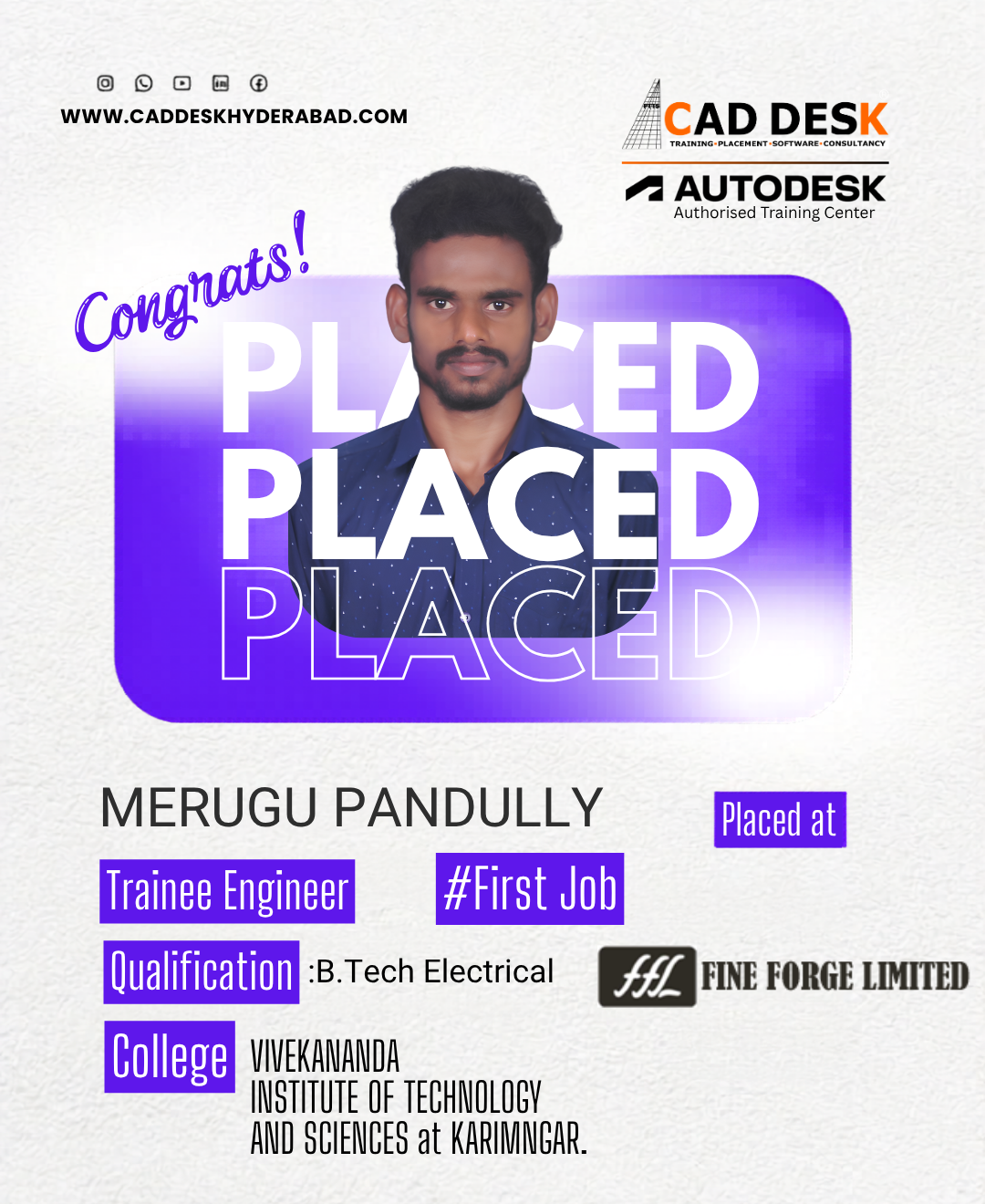 Merugu Pandully — placed as Trainee Engineer for his first job; purple 'Placed' badge and CADDESK/Autodesk logos; institute details.