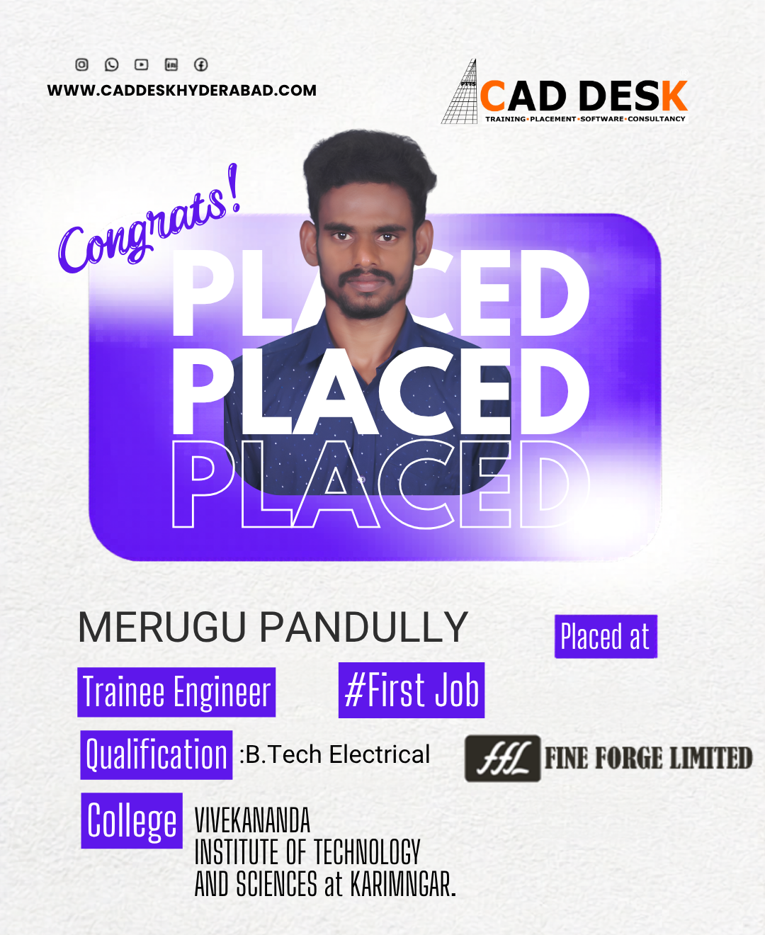 Poster celebrating Merugu Pandully's placement as Trainee Engineer with university and company logos visible; includes 'Placed at' tag and '#First Job' elements.