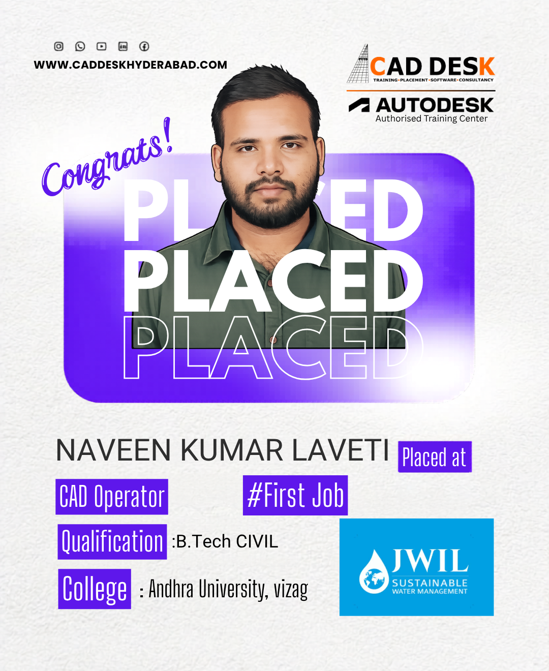 Portrait of Naveen Kumar Laveti on a placement banner with large 'PLACED' text and CADDESK/Autodesk logos in the corner.