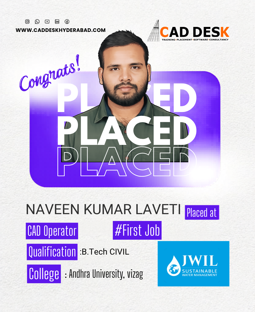 Portrait of Naveen Kumar Laveti in front of a purple 'Placed' graphic with Cad Desk and JWIL logos, celebrating first job placement.