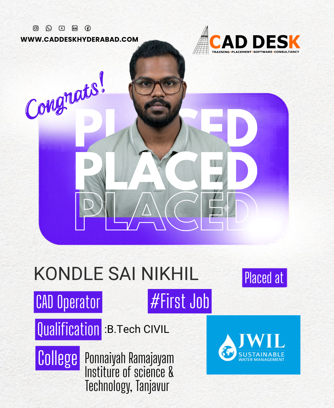 Portrait of Kondle Sai Nikhil with a purple 'Placed' badge and 'Congrats!' text, announcing placement at JWIL Sustainable Water Management by CAD Desk Hyderabad.