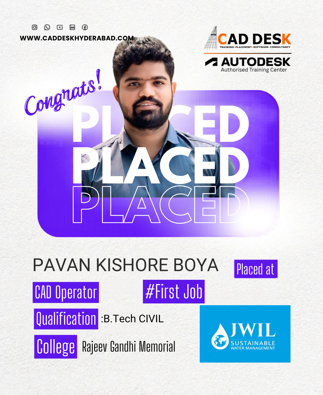 Poster announcing Pavan Kishore Boya's placement as CAD Operator, with logos and college details, purple 'Placed' graphic in background