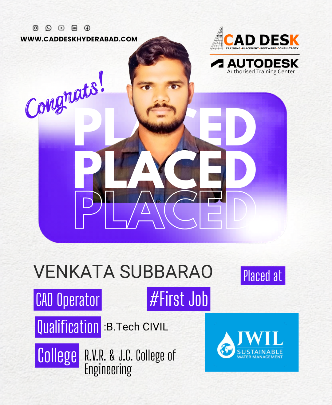 Poster celebrating Venkata Subbarao's placement as CAD Operator; includes 'First Job' tag, qualification details, and training logos (CAD Desk, Autodesk, JWIL).