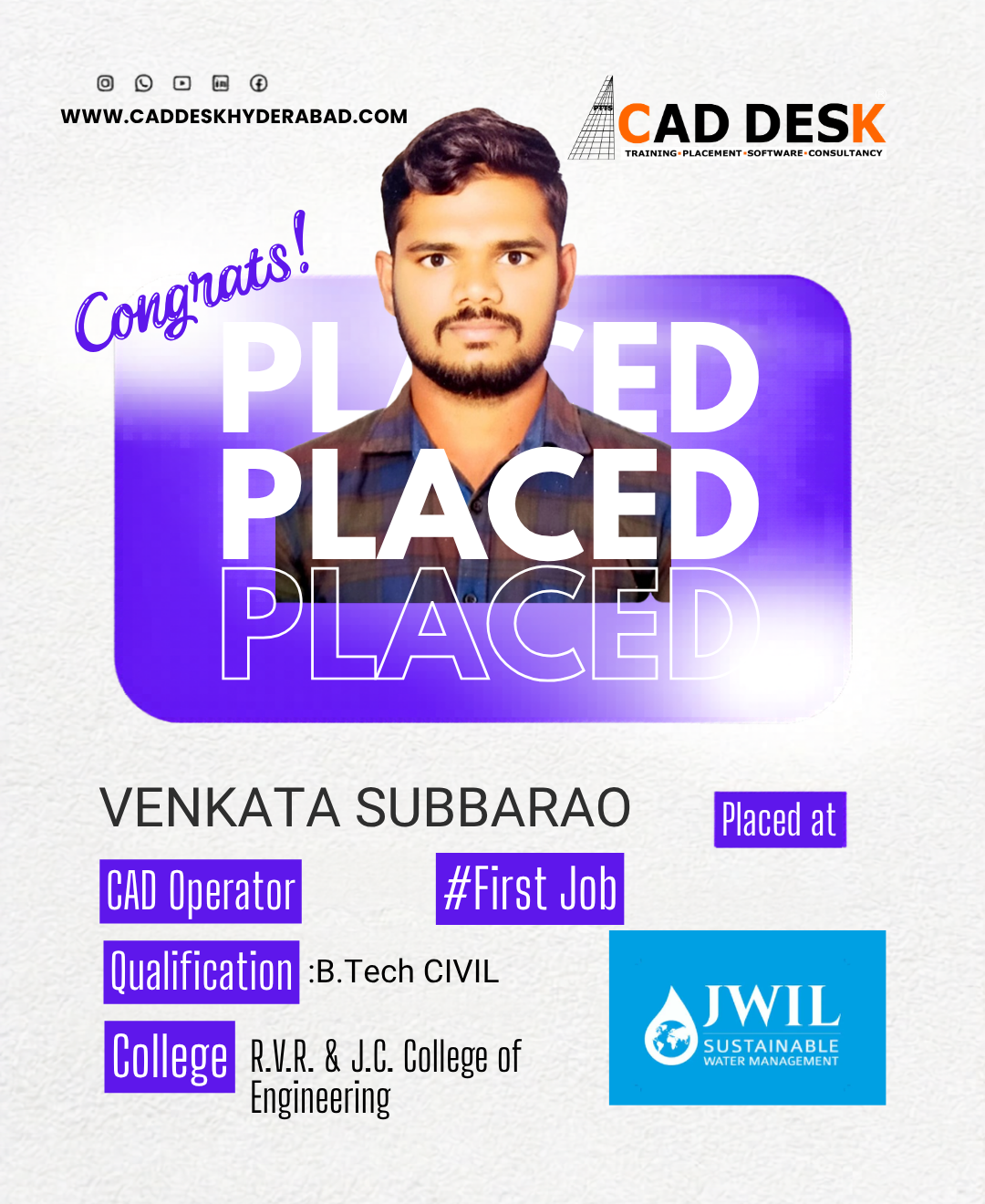 Poster celebrating Venkata Subbarao's placement as CAD Operator; features his photo, a purple rounded badge with 'PLACED' and 'Placed at' labels, and logos (CAD DESK/JWIL).