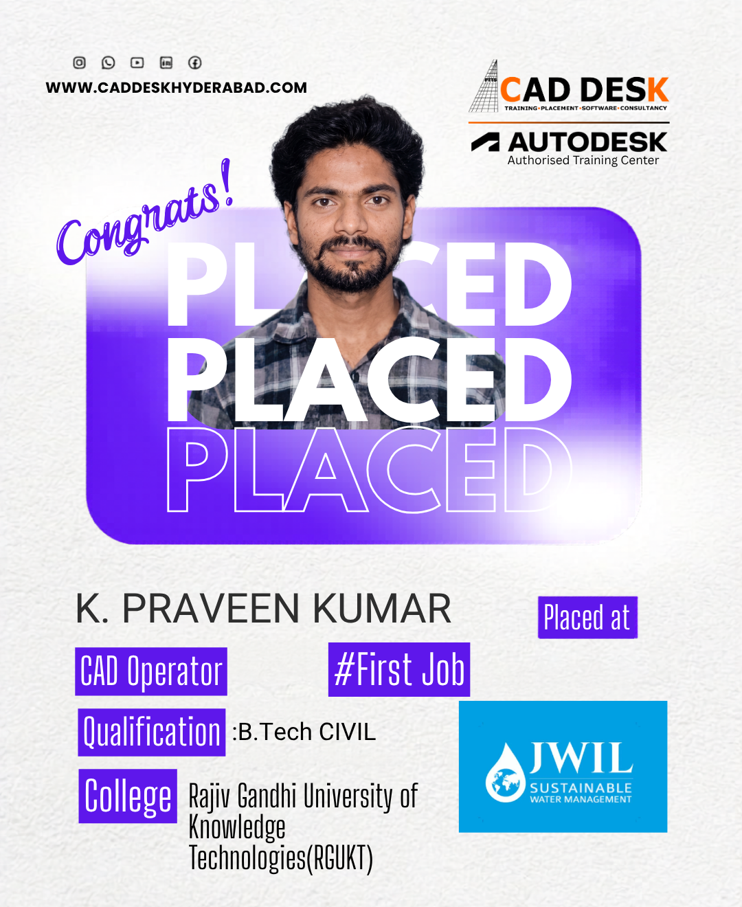 Poster announcing K. Praveen Kumar's placement as CAD Operator, with 'Placed' graphic, 'Congrats!' text, logos CADDESK/AUTODESK, and JWIL; includes qualification and college details.