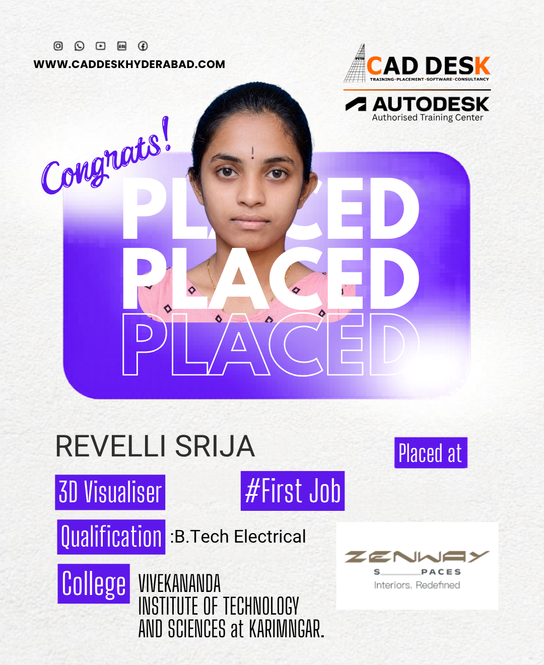 Poster announcing Revelli Srija placed as a 3D Visualiser for a first job with academic details and logos in the corner