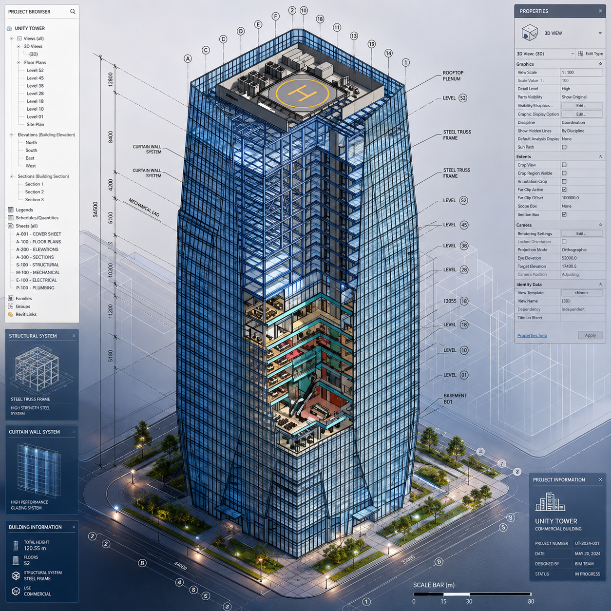 3D rendering of a glass skyscraper with detailed blueprint notes and UI panels on the sides, conveying construction data and annotations.
