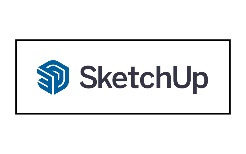 SketchUp logo: blue geometric cube emblem beside the word 'SketchUp' inside a black-bordered rectangle.