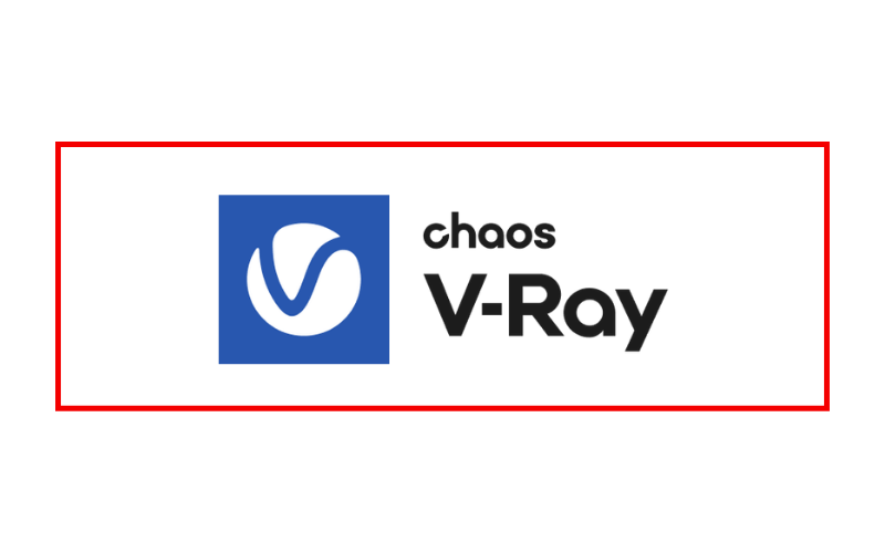 Chaos V-Ray logo: blue square with a white swoosh beside the bold 'chaos V-Ray' text to the right.