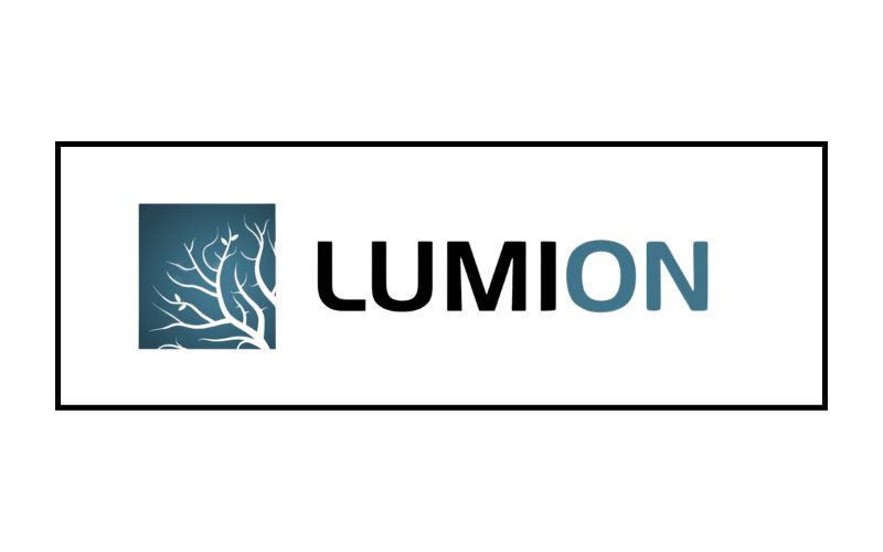 Lumion logo: blue square with white tree branches next to bold 'LUMION' text, with 'ON' in blue.
