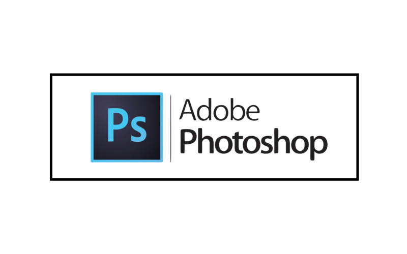 Adobe Photoshop logo with a blue Ps icon in a dark square and the words 'Adobe Photoshop' to the right, framed in a black border.