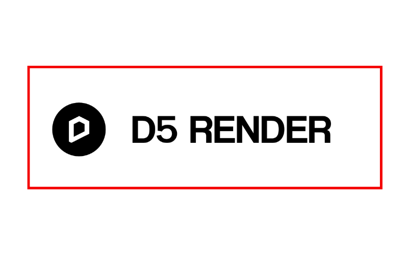 D5 Render logo with circular emblem and bold text inside a white banner outlined in red edge.