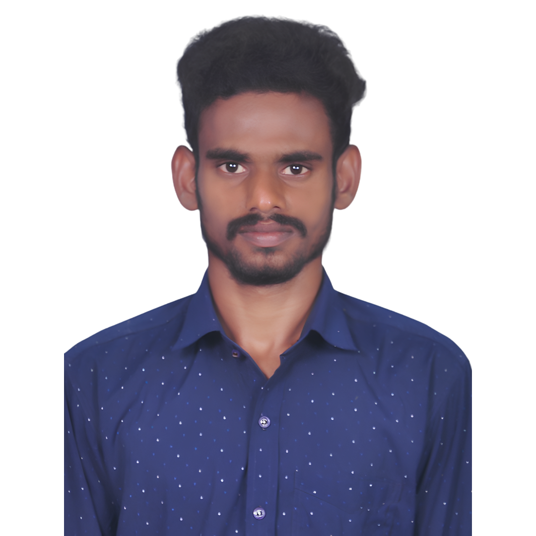 Portrait of a young man with short black hair, facial hair, wearing a blue dotted shirt, against a white background.