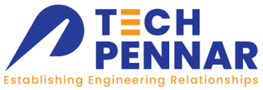Tech Pennar logo featuring a blue swoosh mark and bold blue wordmark; orange tagline reads 'Establishing Engineering Relationships'.