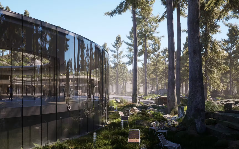 Curved glass pavilion in a forest with sunlit trees and scattered lounge chairs.