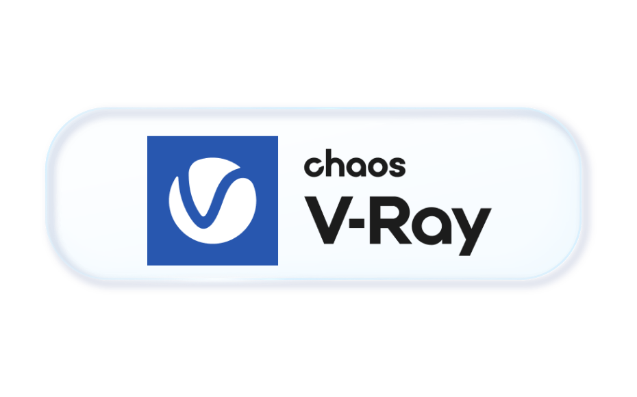 Chaos V-Ray logo: blue square with a white swirl and bold 'chaos V-Ray' text on a pale rounded badge.
