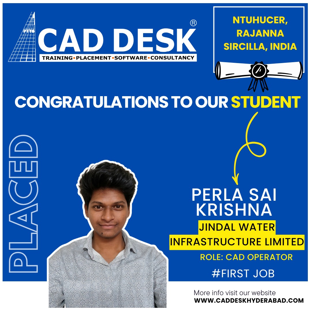 Poster celebrating Perla Sai Krishna's first job as CAD operator at Jindal Water Infrastructure Limited, with student photo and Cad Desk branding.