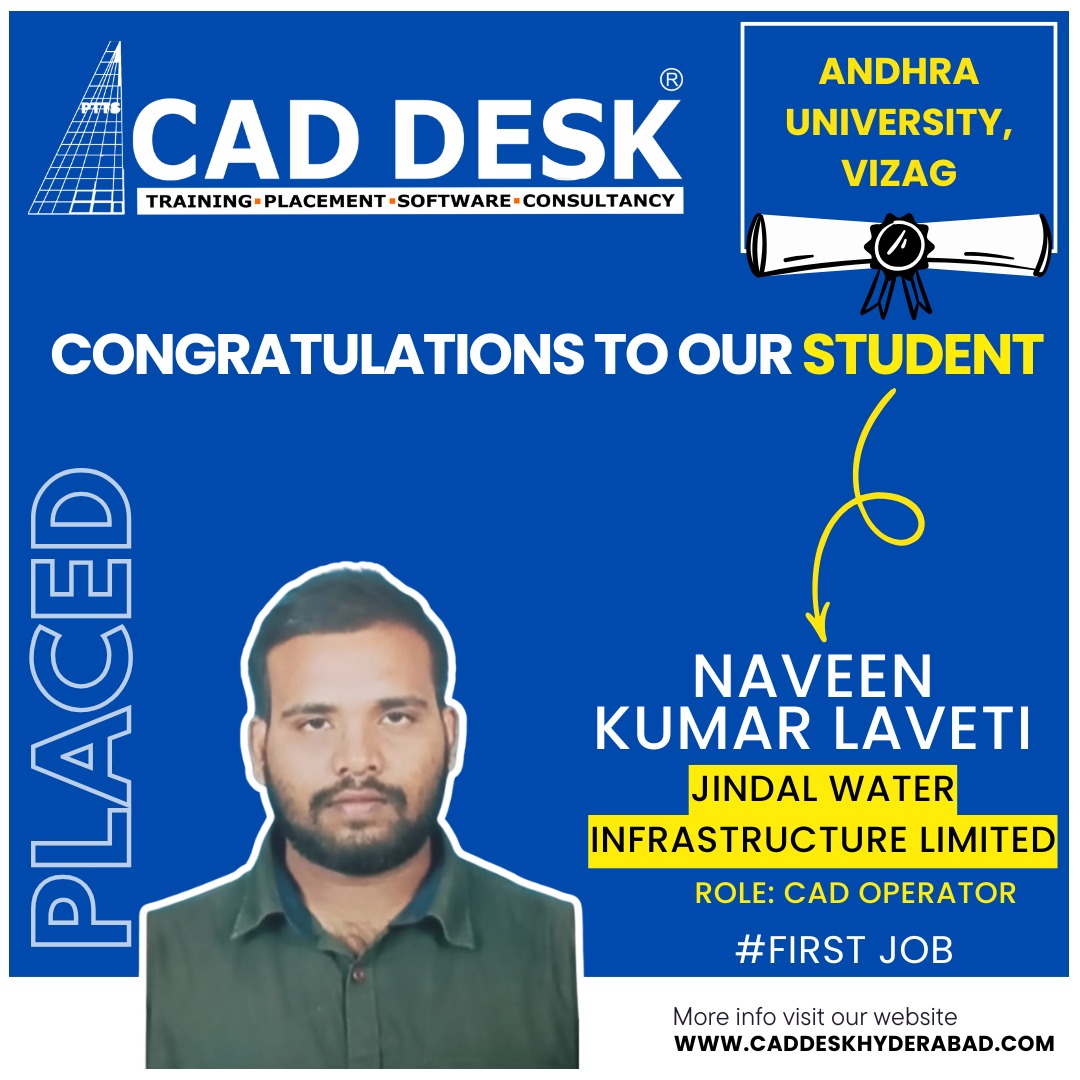 Blue Cad Desk poster announcing student Naveen Kumar Laveti placed as CAD Operator at Jindal Water Infrastructure Limited, with his photo and a vertical 'PLACED' label.