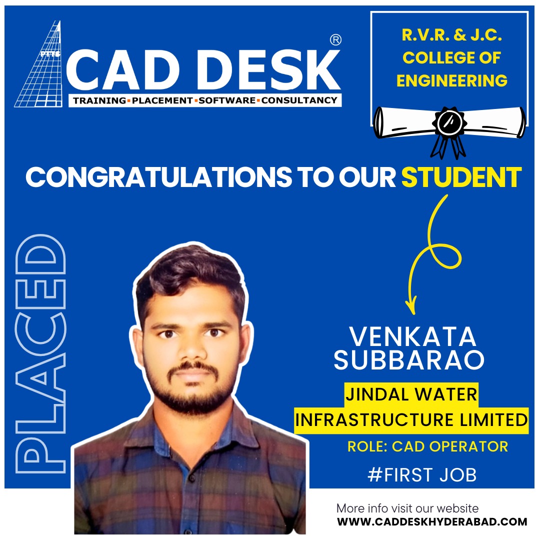 Poster announcing successful CAD Desk student Venkata Subbarao, CAD Operator at Jindal Water Infrastructure Limited, first job