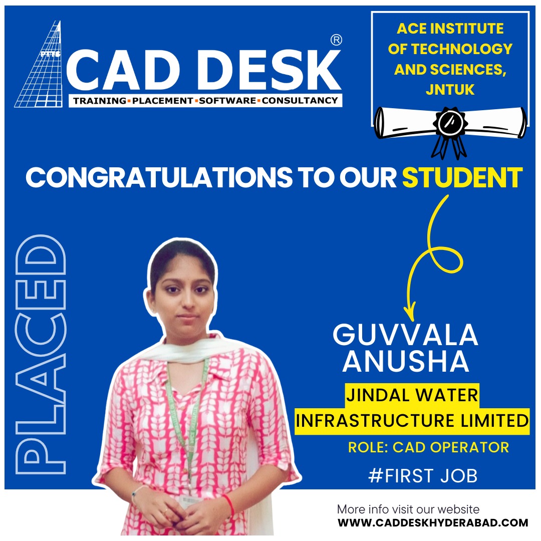Poster celebrating student Guvvala Anusha as a CAD operator at Jindal Water Infrastructure Limited; blue background, CAD Desk branding, and #FIRSTJOB