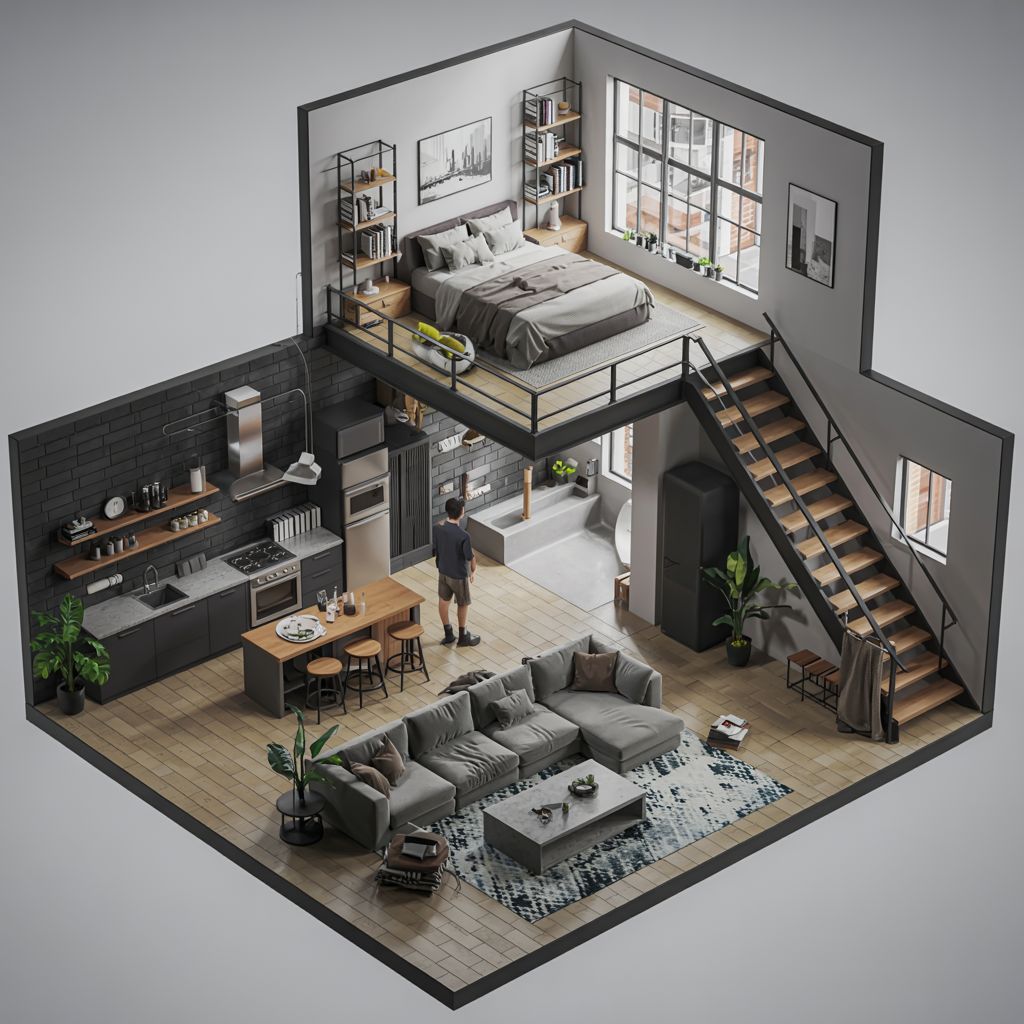 Cross-section of a modern two-story loft: open kitchen with island, dining area, living room with a sectional sofa and rug, and a mezzanine bedroom above connected by stairs.